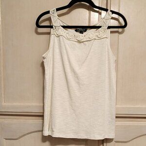 Ralph Lauren | White Macrame trim | 100%‎ cotton knit Tank | Large
